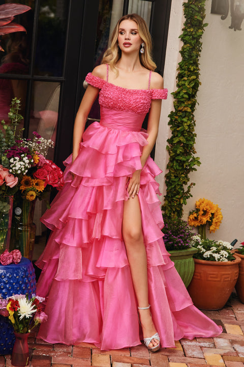 Ava Presley 29544 pink prom dress with ruffle skirt