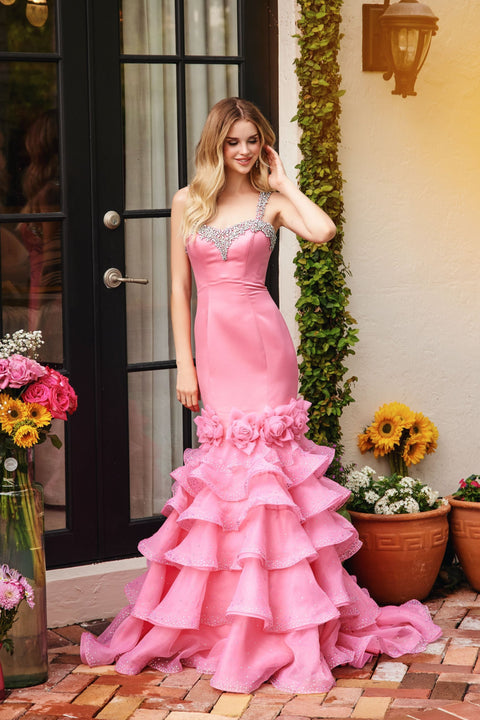 Ava Presley 39566 layered skirt gown with floral detail