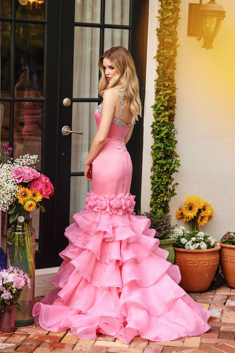 Ava Presley 39566 fitted gown with flared ruffle hemline