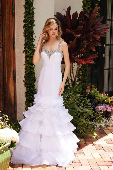 Ava Presley 39566 white mermaid gown with ruffle skirt