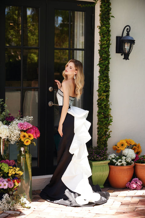 Ava Presley 40083 corset-style bodice gown with satin finish