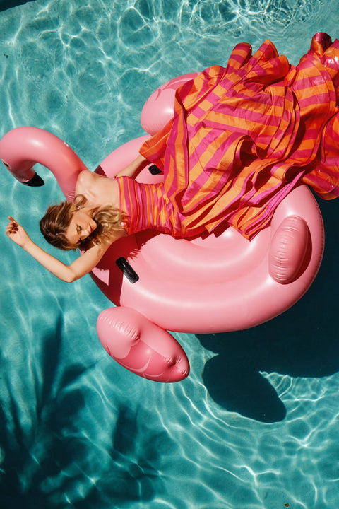 Ava Presley 40119 vibrant gown with horizontal stripe pattern