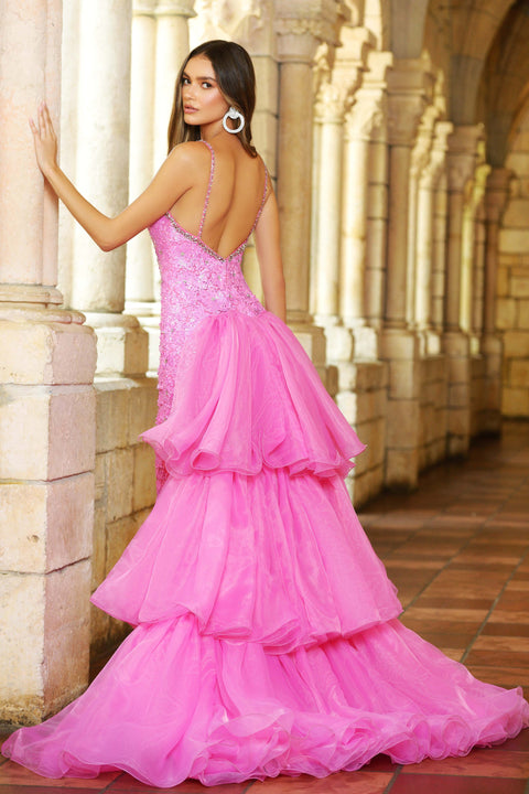 Ava Presley 38813 pink sequin gown with plunging neckline