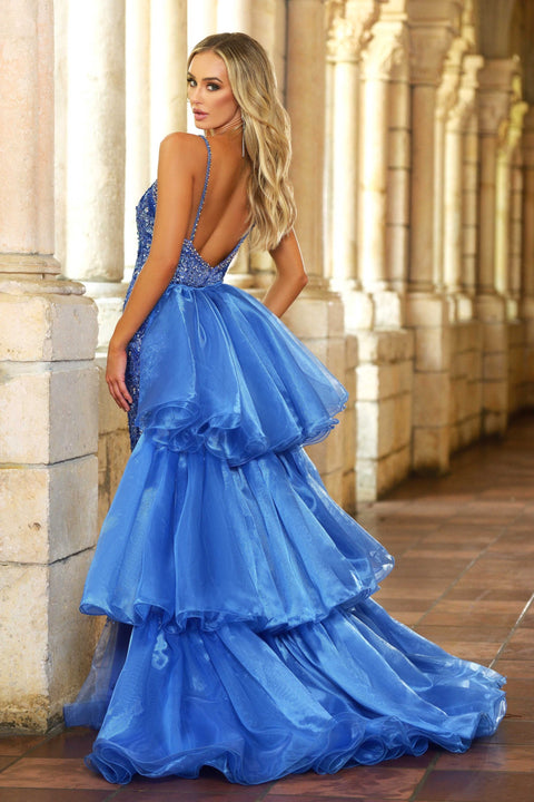 Ava Presley 38813 deep V-neck gown with delicate straps and tulle train