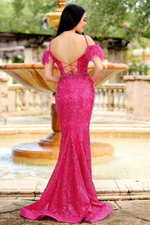 Ava Presley 38873 - Feather Lace Up Mermaid Gown