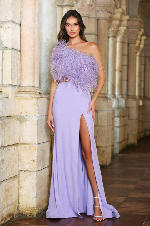 Ava Presley 38841 - Feather One Shoulder High Slit Gown