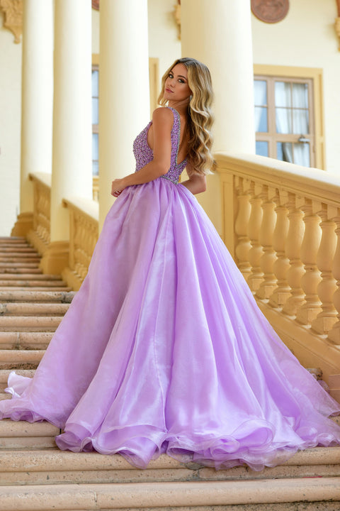 Ava Presley 38342 plunging neckline prom dress in radiant lilac