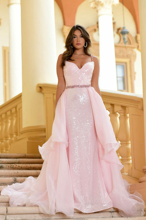 Ava Presley 28560 sequin fitted gown with cascading overskirt