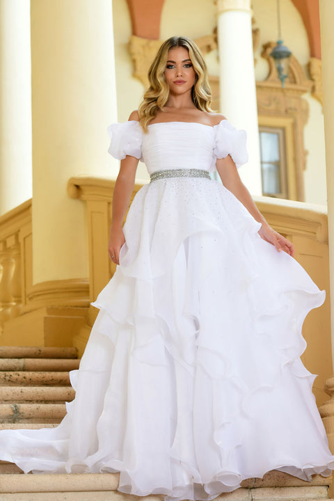 Ava Presley 28571 organza ruffle dress with off-the-shoulder sleeves