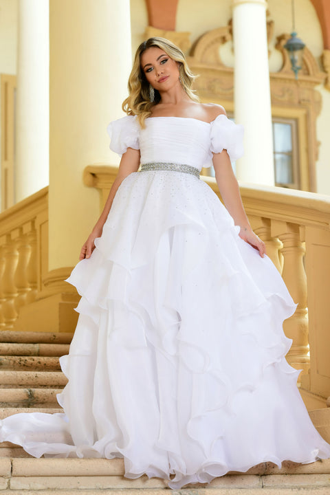 Ava Presley 28571 evening gown with puff sleeves and shimmer waist