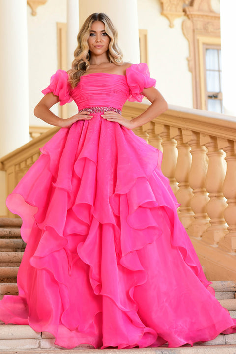 Ava Presley 28571 hot pink ball gown with cascading organza ruffles