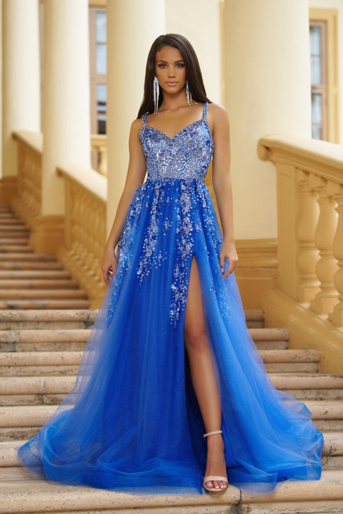 Ava Presley 28280 beaded prom gown with flowing tulle skirt and high slit