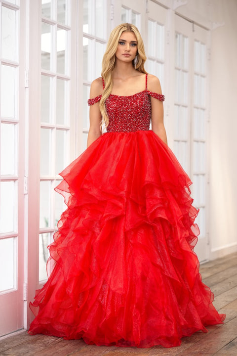 Ava Presley 28557 off-shoulder ball gown with beaded bodice and tulle skirt