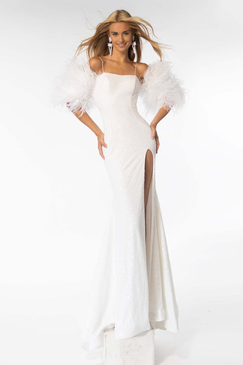 Ava Presley 28287 feather sleeve prom gown with fitted silhouette