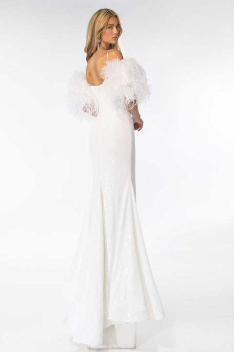 Ava Presley 28287 long shimmer gown with spaghetti straps and slit