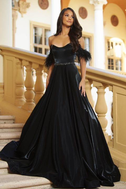 Ava Presley 28570 off-the-shoulder ball gown with feather accents