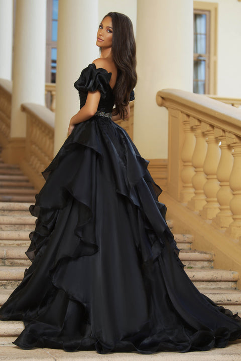 Ava Presley 28571 dramatic pink gown with layered ruffles