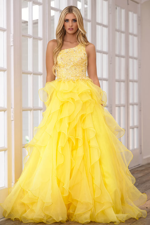 Ava Presley 28576 formal dress featuring cascading ruffles and regal design