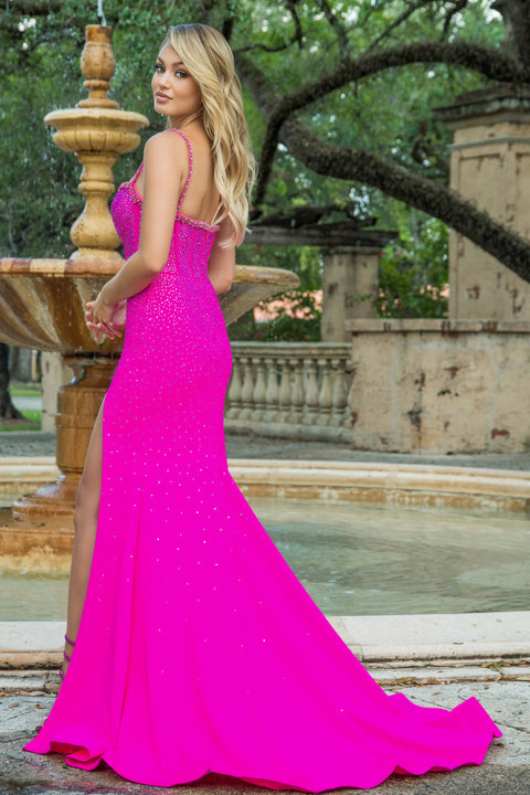 Ava Presley 28581 glamorous evening dress featuring high slit and sequin details