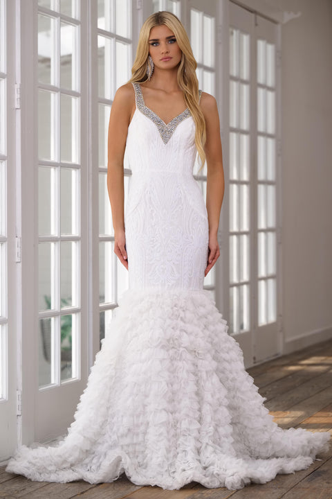 Ava Presley 28596 formal gown with intricate beading and dramatic ruffle train