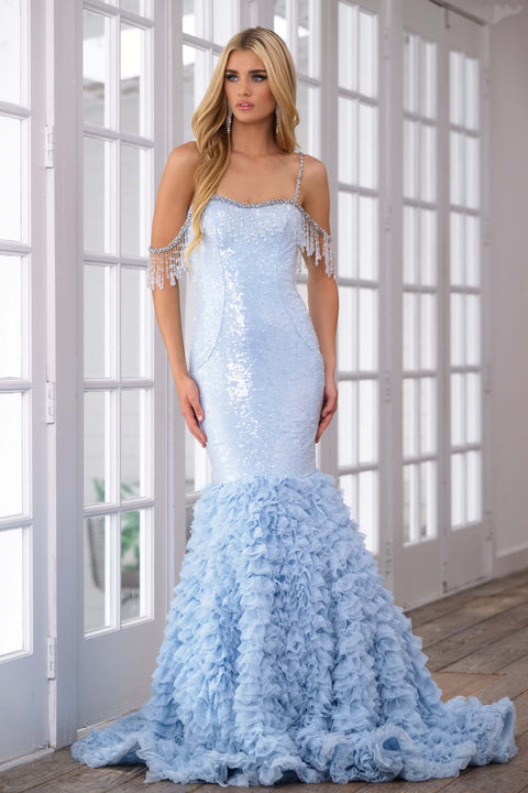 Ava Presley 28598 sequin gown with beaded fringe shoulders