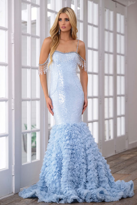Ava Presley 28598 spaghetti strap beaded fringe mermaid gown