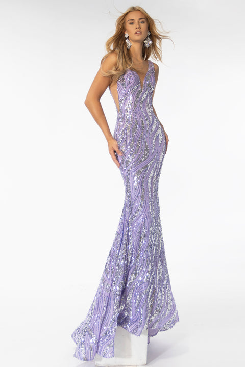 Ava Presley 39201 sequin wave stripe gown with sheer sides