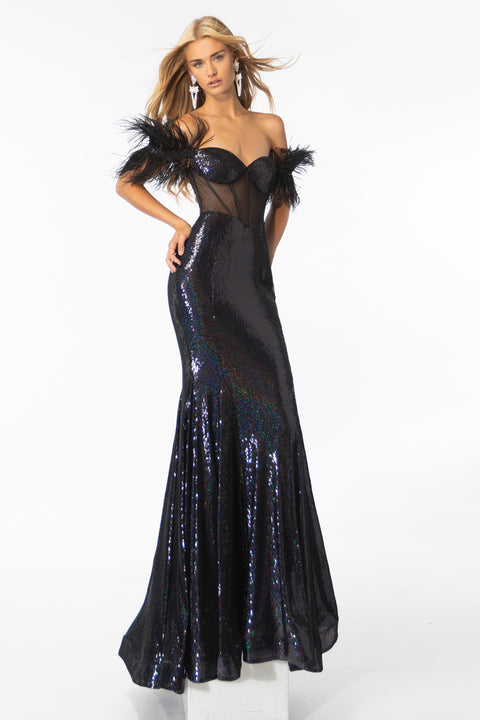 Ava Presley 39205 dazzling long dress with off-shoulder feather trim