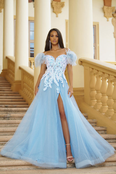 Ava Presley 39213 off-the-shoulder gown with feathered sleeves