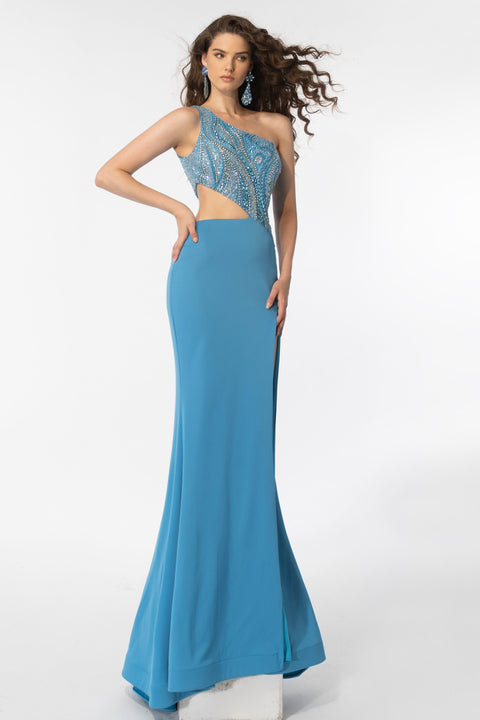 Ava Presley 39218 one-shoulder beaded gown with side cutout
