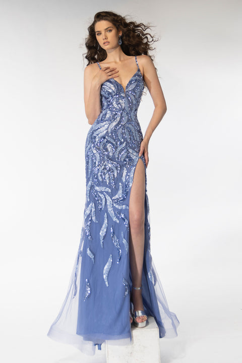 Ava Presley 39220 sequin gown with deep V-neckline and thigh-high slit