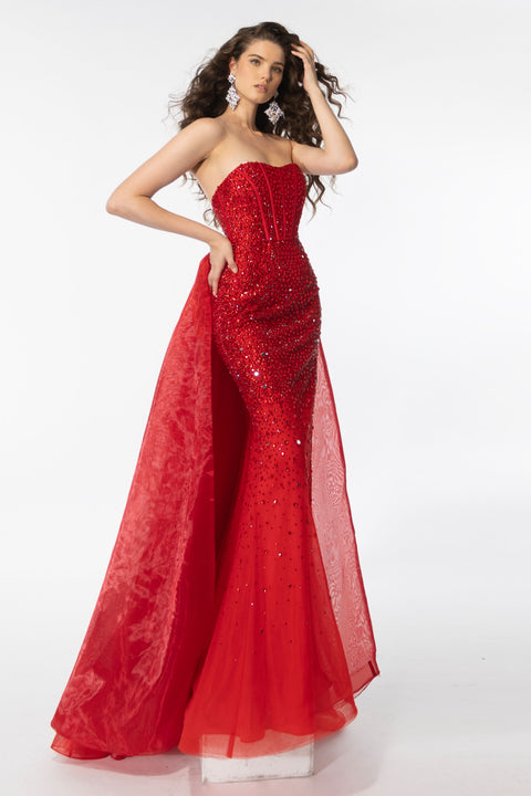 Ava Presley 39230 red gown with beaded corset bodice