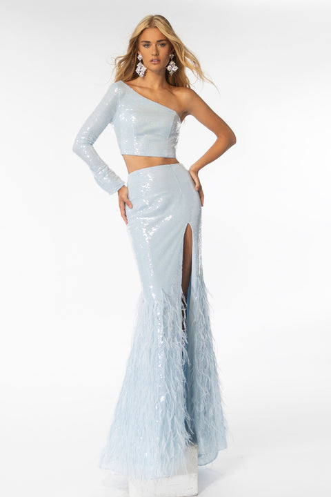 Ava Presley 39243 sequin two-piece gown with feather-accented skirt