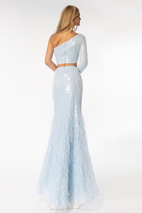 Ava Presley 39243 prom dress set with one-sleeve top and high slit