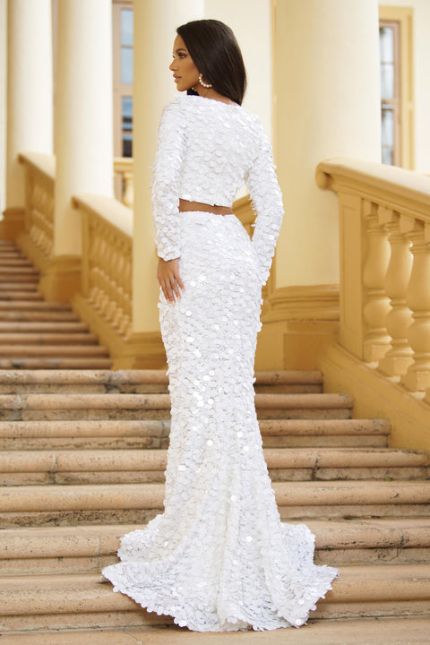 Ava Presley 39246 long sleeve crop top and high-slit skirt set