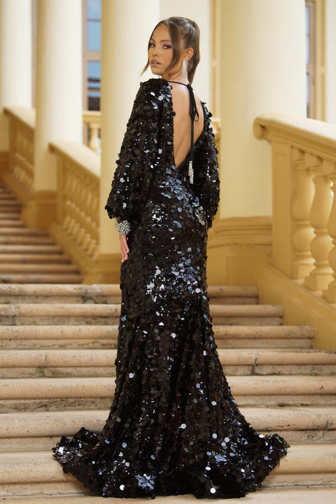 Ava Presley 39256 sequin gown with voluminous long sleeves