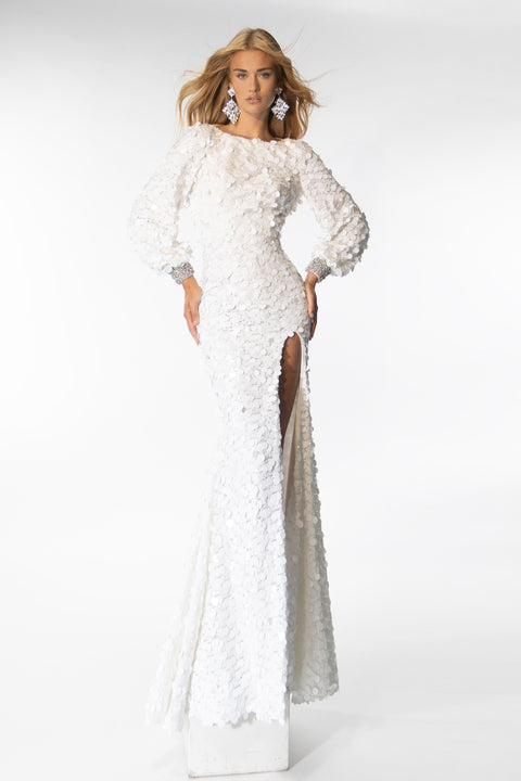 Ava Presley 39256 gala gown with statement sleeves and slit