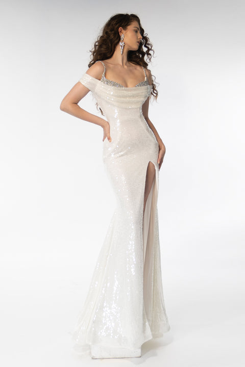 Ava Presley 39258 sequin gown with cowl neckline and off-shoulder straps