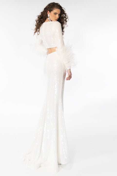 Ava Presley 39259 glamorous feather sleeve evening ensemble