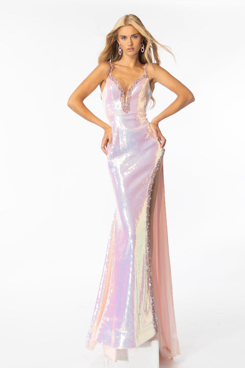 Ava Presley 39261 fitted prom dress with beaded trim and high slit
