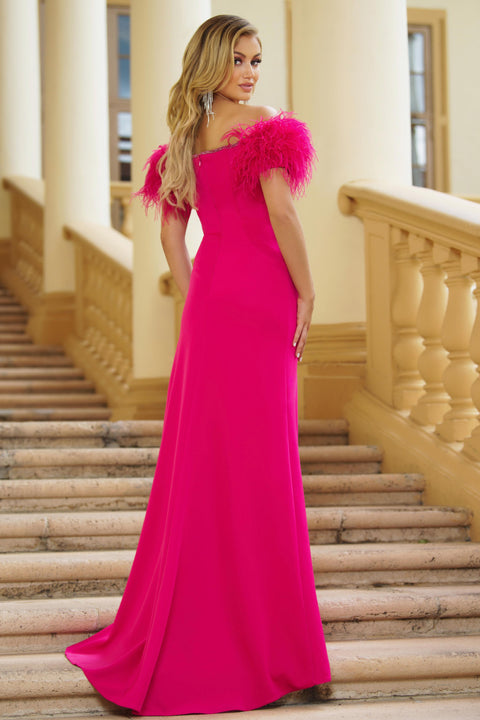 Ava Presley 39268 sleek formal gown with feathers