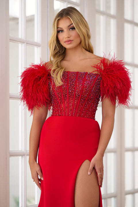 Ava Presley 39279 dramatic feather evening gown