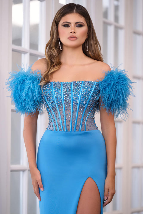 Ava Presley 39279 statement dress with feather sleeves