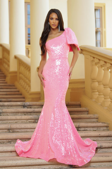 Ava Presley 39286 one shoulder sequin gown with bow detail