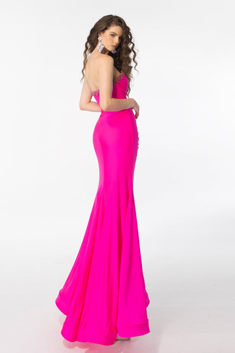 Ava Presley 39290 draped formal dress with thigh-high slit