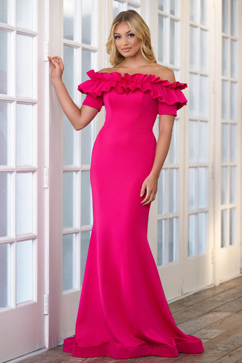 Ava Presley 39305 off-the-shoulder ruffle gown in heavy jersey