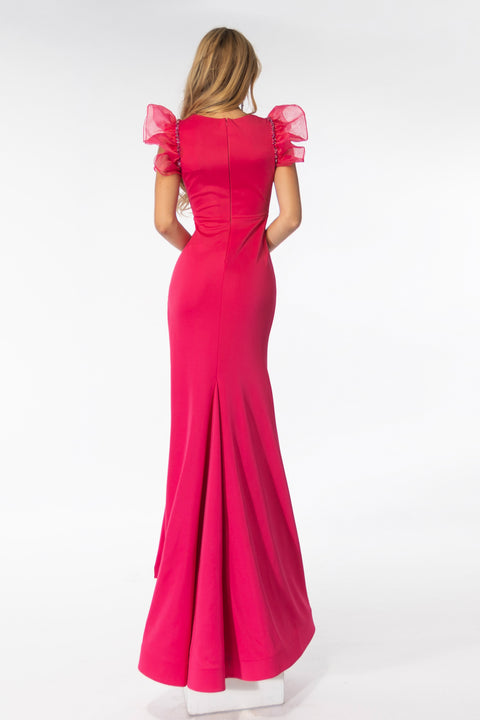 Ava Presley 39307 elegant fitted gown with dramatic shoulder detail