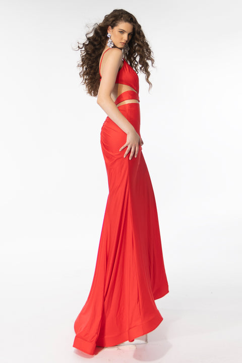 Sultry Ava Presley 39311 formal dress featuring dramatic cutouts and slit