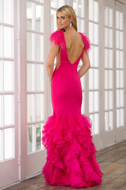 Ava Presley 39312 bold formal gown with feather accents