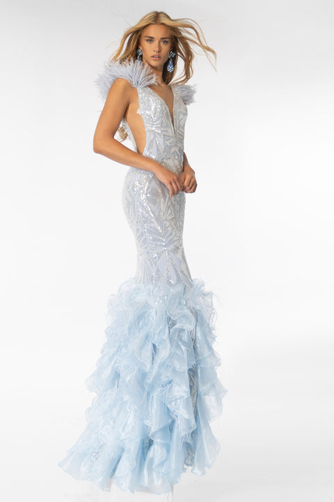 Ava Presley 39315 geometric sequin mermaid gown with organza skirt